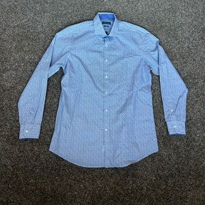 Perry Ellis Slim fit men’s button-down size large 16 1/2 33/35 Blue white spring